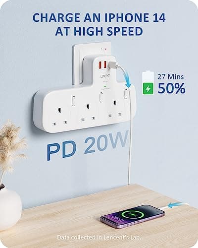 LENCENT Multi Plug Adaptor, Plug Extension Socket with 3 Fast Charge Ports — view 2