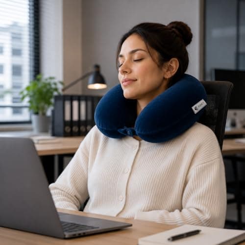 EGRET Memory Foam Travel Neck Pillow - Ergonomic Neck Pillow for Airplane, Car & Office - Lightweight & Compact with Storage Bag, Sleep Mask & Earplugs (Navy Blue) — view 3