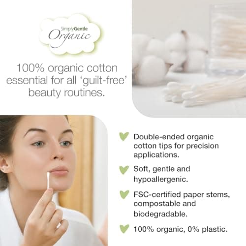 Simply Gentle Organic, Cotton Buds - 100% Organic Cotton & FSC Paper Stems - for Cleaning Delicate Areas Around Eyes and Outer Ears - Eco Friendly & Biodegradable - 200 Buds — view 3