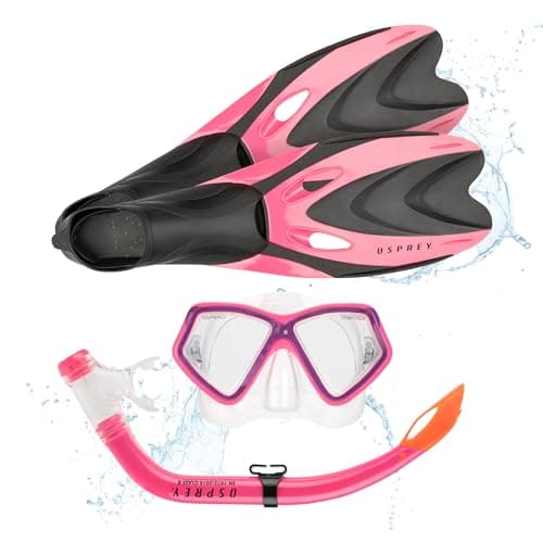Osprey Snorkel Set with Mask, Snorkel Tube & Flippers, Tempered Glass Lens, Silicone Skirt and Purge Valve, Snorkelling & Scuba Diving Gear for Kids, Shoe Size 12-1
