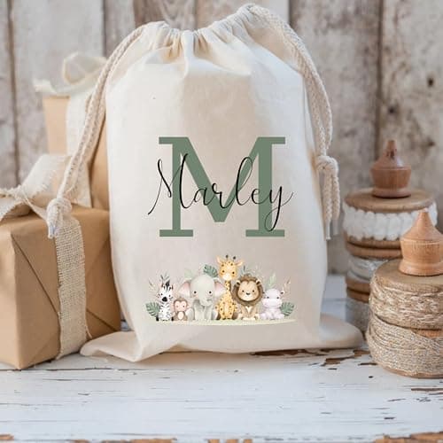 Personalised Gift Bag - Custom Name Jungle Theme Animals Drawstring Sack - Personalise Name Kids Children's Cotton Canvas Newborn Baby Shower Birthday Christening Present Treat - Canvas XL 49.5 x 75cm — view 3