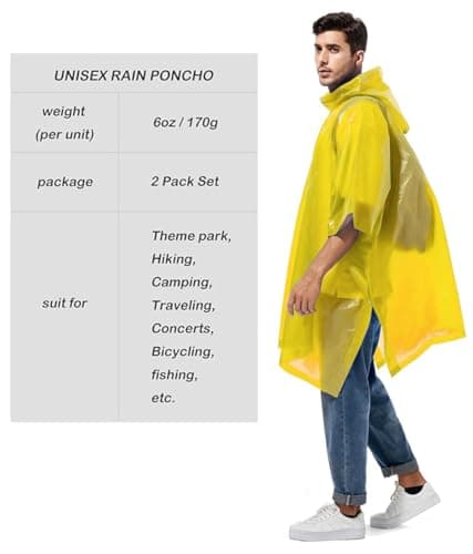 GUKOY Reusable Rain Ponchos for Adults, 2 Pcs Raincoats (Pack of 1) Emergency for Women Men with Hood Yellow — view 6