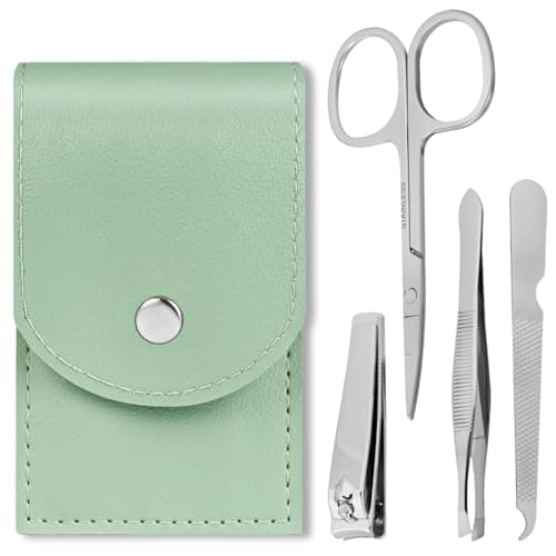 LOPHE Professional Manicure Set, 4pcs Portable Nail Clippers & Eyebrow Grooming Kit, Stainless Steel Nail Care Tools with Luxurious Leather Case for Travel & Home(Green)