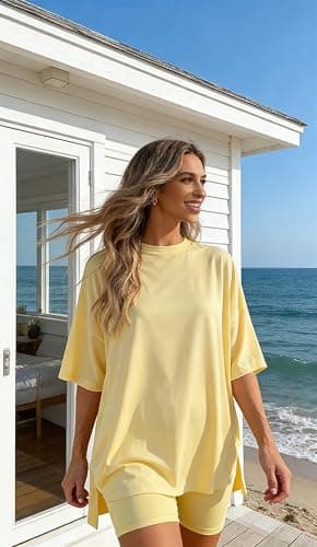 Womens 2 Piece Lounge Sets Summer Spring Oversized Shirt Biker Shorts Casual Travel Beach Matching Outfits with Pockets 2026 (E,S) — view 5