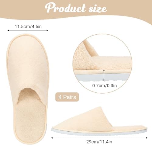 4 Pairs Natural Toweling Slippers - Luxury 100% Organic Cotton, Ultra Soft, Machine Washable Indoor Slippers for Reusable Guest Slipper or Guests, Home, Spa & Airplane, Lightweight & Packable — view 4