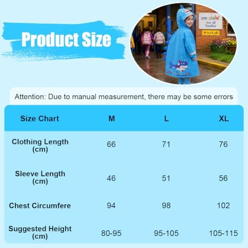 Adiwo Rain Poncho Girls Boys, Boys Girls Portable Raincoat, Kids Raincoats with Hood, Cartoon Poncho Toddler, Kids Lightweight Rainwear Waterproof Reusable, Blue Shark (M) — view 3