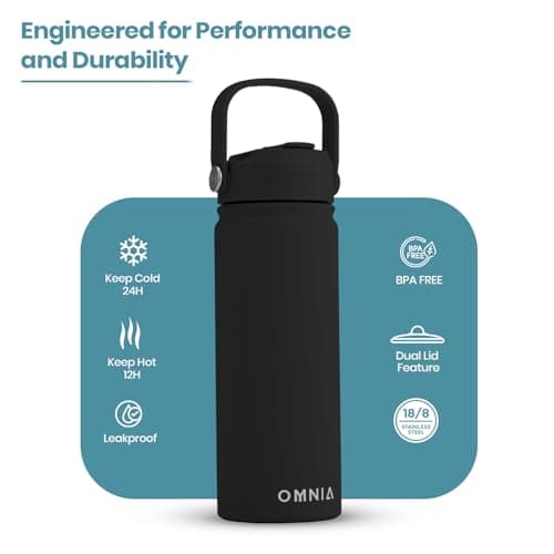 OMNIA NUTRIENTS Vacuum Insulated Stainless Steel Water Bottle, 2 Lids (Straw & Spout) Leakproof, BPA-Free, Reusable Flask Ideal for Travel and Outdoors (Black - 540 ml) — view 2