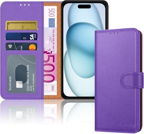 iCatchy for iPhone 15 Case 6.1 Inch, PU Leather Wallet Flip Case with Card Slots, RFID Blocking, Magnetic Closure, Stand, Full Body Protective Folio Cover (Lilac)