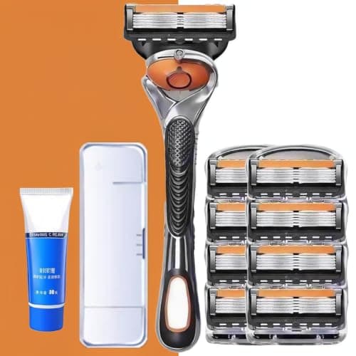 (8x 5-Blade Orange/Black Cartridges + 1x Plastic Pivot Razor + Shaving Cream + Case)