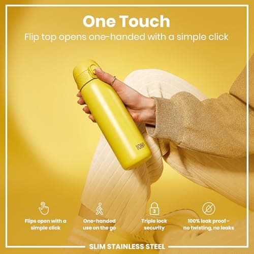 Ion8 Lightweight Steel Water Bottle, 600 ml/20 oz, Non-Insulated, Leak Proof, Easy to Open, Secure Lock, Dishwasher Safe, Flip Cover, Fits Cup Holders, Carry Handle, Metal Water Bottle, Yellow — view 3