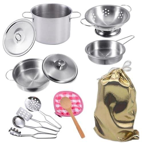Stainless Steel Pretend Cooking Utensils Cookware Set,Mini Play Kitchen Accessories,Play Pots and Pans Toys Packed in a golden cloth bag for Kids Toddlers