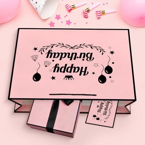 YoungTree Happy Birthday Gift Bag for Her, Medium Pink with Black Frame — view 6