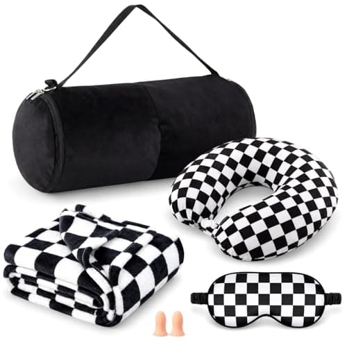 HunnmingRe 5 Pcs Travel Pillow Blanket Set, Airplane,Checkered,Black