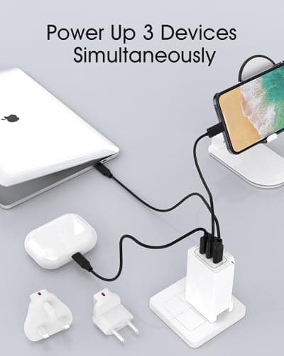 65W USB C Plug, Elexlinco GaN II Fast Charger, 3-Port USB C Charger Plug with UK, US, EU Travel Adapter, Compatible with MacBook Pro/Air, HP Laptops, iPad, iPhone 15/Pro/Max, Galaxy S24/S23 and More — view 3