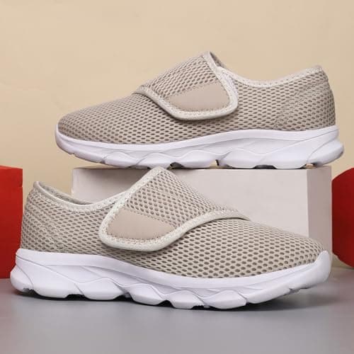 Men’s Slip On Walking Trainers with Cross Elastic Band Breathable Mesh Lightweight Cushioned Shoes for Summer Travel Outdoor Activities Beige, Size 5 — view 3