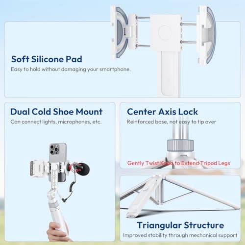 ULANZI TT88 Magnetic Tripod for iPhone, 57" Extendable Selfie Stick with Remote, 2-in-1 Phone Clip & Dual Cold Shoe Mounts-Lightweight Phone Tripod Stand for Vlogging, Travel, Video Recording — view 4