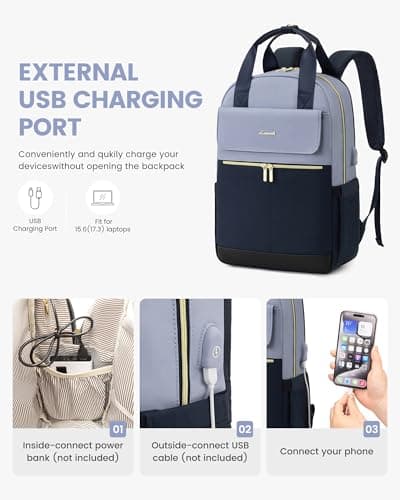 LOVEVOOK Backpack Womens, 15.6 Inch Laptop Rucksack Bag for Ladies, Lightweight School Bag with USB Port & Anti-theft Pocket, Stylish Daypacks Back Pack for College Uni Work Travel, Blue — view 5