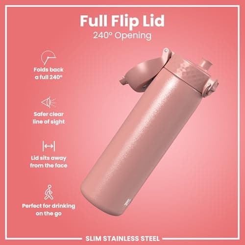 ION8 Lightweight Steel Water Bottle, 600 ml/20 oz, Non-Insulated, Leak Proof, Easy to Open, Secure Lock, Dishwasher Safe, Flip Cover, Fits Cup Holders, Carry Handle, Metal Water Bottle, Ash Rose Pink — view 4