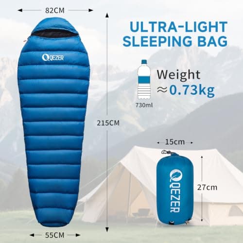 QEZER Ultralight Sleeping Bag for Adults,only 780g Backpacking Sleeping Bag Filled 600+FP Duck Down 5°C 15°C for Camping,and Hiking,Warehouse Outdoor — view 2