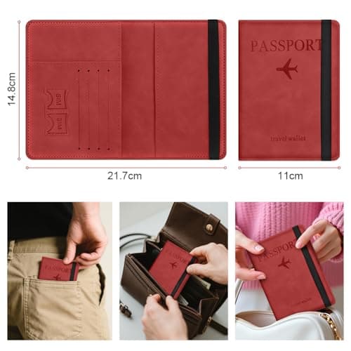 AOOSU Passport Holder Cover, PU Leather Passport Cover with RFID Blocking Travel Wallet, Portable Universal Travel Wallet Case Organiser for Money, Boarding Passes, Credit Cards Ocean Red — view 2