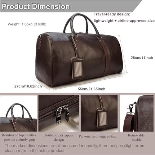 Yevabo Genuine Leather Duffel Bag for Men & Women, Cabin Friendly Carry-On Weekender Bag for Gym Travel Overnight Trips, Brown — view 2