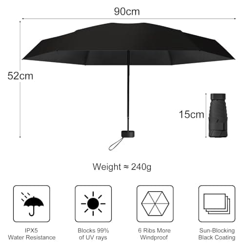 FWHFNB Travel Umbrella, Pocket Umbrella, UV Umbrella, Mini Umbrella for Women Handbag,With Storage Box, Portable Lightweight Compact, for Travel Outdoor Daily Use (Black) — view 2