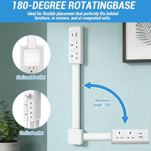 Gobesty Expandable Rotary Socket, Extension Socket Features USB-A USB-C & 2 AC Outlets, Outlet Extender UK, Extends 17"-27" Rotates 180° Plug Extension Plug, Hard-to-Reach Outlets in Narrow Places — view 6