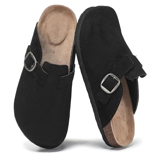 Polar Women’s Slip-On Clogs with Cork Footbed, Faux Suede Upper and Adjustable Strap, Comfortable Indoor Outdoor Casual Shoes - Black 7 UK