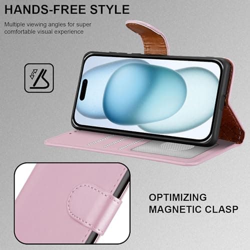 iCatchy for iPhone 15 Case 6.1 Inch, PU Leather Wallet Flip Case with Card Slots, RFID Blocking, Magnetic Closure, Stand, Full Body Protective Folio Cover (Rose Gold) — view 4