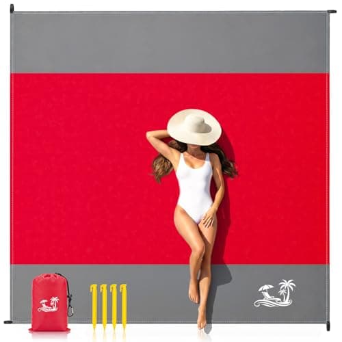 Solnery Large Beach Blanket Waterproof Sandproof, Beach Mats Sand Free, Windproof Outdoor Mat, Portable, 4 Stakes, 250 x 200 cm, Fits 1–8 People, for Seaside, Picnic & Camping (Coral Red)