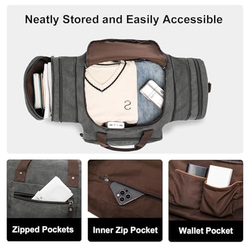 EKOROMIER 70L Large Canvas Travel Holdall for Men – Expandable Duffel Bag – Extra Spacious Weekend Bag for Holidays, Gym & Long Trips – Grey — view 6