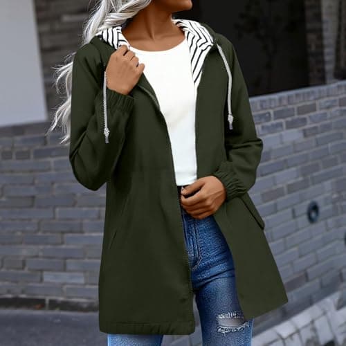 Saxrel Womens Waterproof Jackets Outdoor Walking Hiking Army Green Jacket Travel Hooded Rainproof Zipper Raincoat Ladies Coats Windproof Loose Light Rain Coat with Pocket Windbreaker — view 2