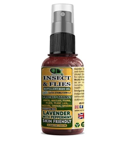 DD Teck Insect & Flies Repellent Body Oil Lavender & Peppermint Essential Oils – Skin Friendly Bug Protection for Indoor, Outdoor, Travel & Home Use (10ml Spray)