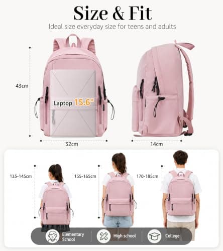 FIORETTO Backpack Womens School Bag Girls Boys, Lightweight Water-Resistant Fits 15.6” Laptop Large Capacity Rucksack with Rain Cover, Ideal for School College Commuting Travel Pink — view 5
