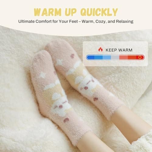 Sillictor 5 Pairs Thermal Socks for Women and Girls,Thick Warm Fluffy Socks Womens 4-7 Ladies Slipper Socks Fleece Cosy Bed Socks Soft Animal Socks for Sleep Walking 23016 23009 Pink Cat — view 3