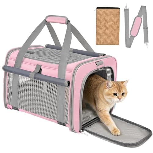BTNEEU Soft Sided Cat Carrier Bag Airline Approved Large Pet Carrier Portable Dog Carrier Ventilated Foldable Pet Travel Carriers Bag For Cats/Small Dog With Shoulder Strap & Washable Mat (Pink)
