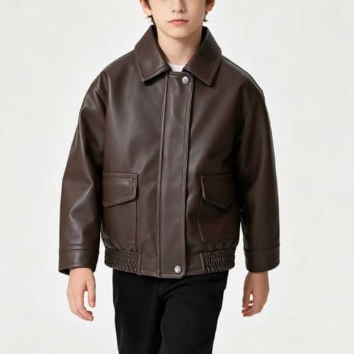 TTHVYE Kids Outdoor Casual Jacket Boys Girls Faux Leather Long Sleeve Zippered Lapel Vintage Biker Style Warm Top for Children Age 1-13 Years Windproof Athletic Daily Travel School Walking​ — view 4