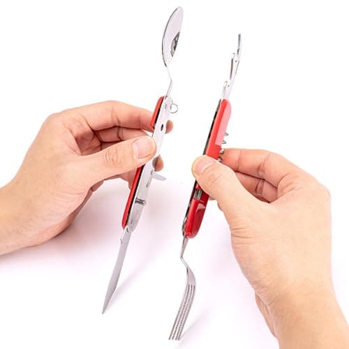 FUZVOL Folding Camping Cutlery Set Stainless Steel Portable Utensil 6 in 1 Multitool Outdoor Tableware for Travel, Hiking, Picnic (2 Pack), Black+Red — view 5