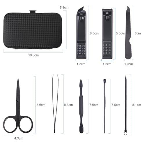 URAQT Professional Manicure Set, 8 pcs Portable Nail Clippers & Eyebrow Grooming Kit, Stainless Steel Nail Care Tools with Luxurious Leather Case for Travel & Home（Black） — view 2