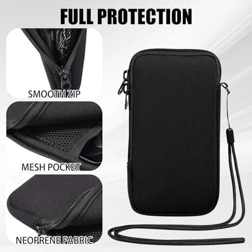 GIEEU Neoprene Phone Pouch,Mobile Phone Sleeve Case with Zipper,Mobile Bag with Neck Lanyards Straps,Universal Shock Phone Sock,Black — view 2