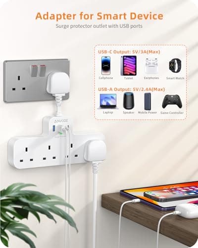 Multi Plug Extension Socket with 4 USB (2 Type C), ANVODE 4 Way Plug Adaptor with Short Cable, Adapter Plug UK Turn 1 to 8, Short Extension Lead Power Strip for Bedroom, Office, Kitchen. White — view 4