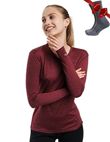 100% Merino Wool Base Layer Womens - Long Sleeve Thermal Shirts + Socks (Medium, 165 Burgundy)