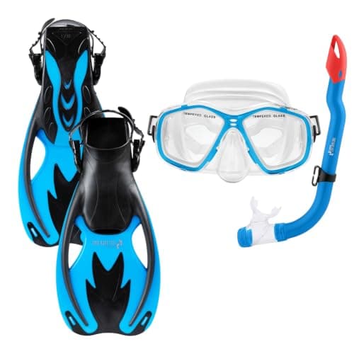 Two Bare Feet Snorkel, Mask and Fins/Flippers PVC Diving Set (Kids) With Anti Fog and Wide View Mask, Anti-Leak, Tempered Glass- Scuba Dive Snorkelling Sets (S-M Childs 9-13, Aqua)