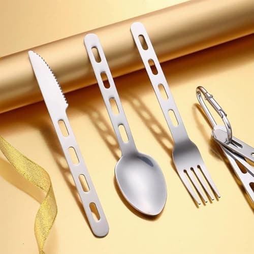 JYTDBCS 3Pcs Camping Cutlery Set Stainless Steel Flatware Travel Cutlery Set Tableware Kit for Knife, Fork and Spoon Set with Carabiner for Hiking Picnic, Office On-The-Go — view 5