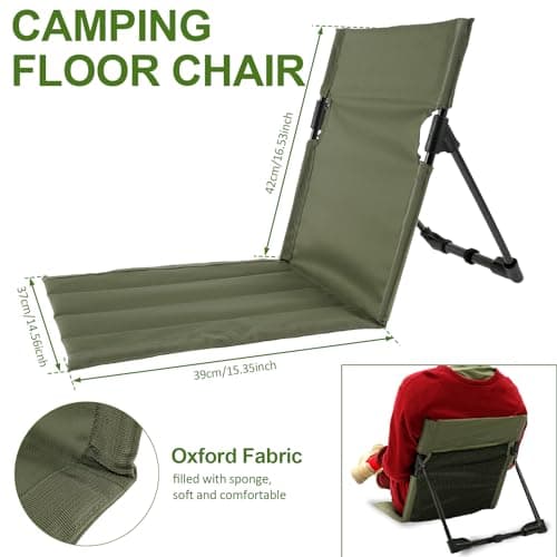 Camping Floor Chair Oxford Fabric Folding Beach Sit Mat with Back Support, Lightweight Travel Lounge Chair with Net Pocket on the Back & Storage Bag for Fishing Hiking Beach (green(With mesh bag)) — view 2
