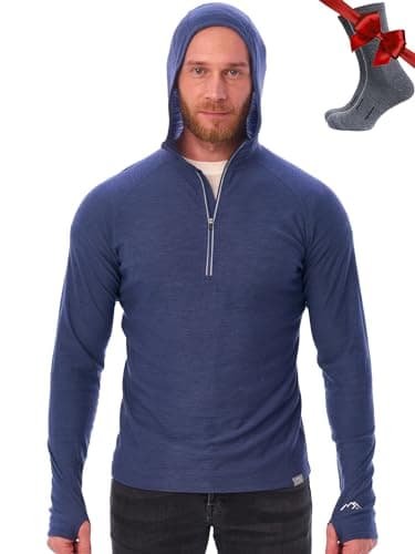 100% Merino Wool Base Layer Men Lightweight Hoodie, Merino Wool Long Sleeve (Windsor Blue, M)