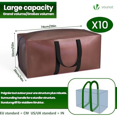 VOUNOT® 10 Pack Large Moving Bags – Foldable Storage Bags with Zips, Strong Handles, Backpack Straps and Tag Window for Clothes Storage Moving Travelling Camping, Brown — view 3