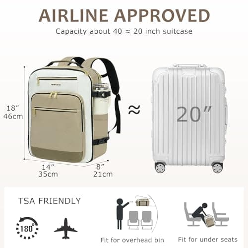 EMPSIGN 40L Travel Backpack for Women Men, Underseat Cabin Bag, Khaki — view 3