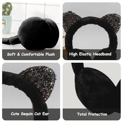 IHCEMIH Ear Muffs Women Girls Earmuffs Winter Accessories Fluffy Plush Adjustable Adults Outdoor Thermal Ear Warmer Skiing Running Cat Ears Covers Protector from Wind Cold Gift for Ladies Black — view 3