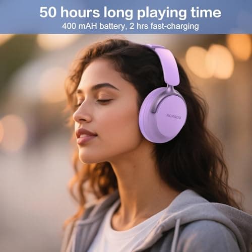 RORSOU B8 Bluetooth Headphones Over Ear, 6 EQ Music Modes and 50H Playtime Deep Bass Wireless Headphones with Mic, Lightweight Folding HiFi Stereo Headset for iPad/Travel/Tablet/PC/Home Purple — view 6
